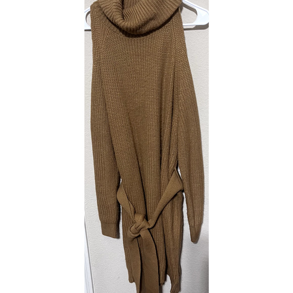 Lulus Sweet Demeanor Camel Turtleneck Cold-Shoulder Sweater Dress sz XL belted - Picture 7 of 7